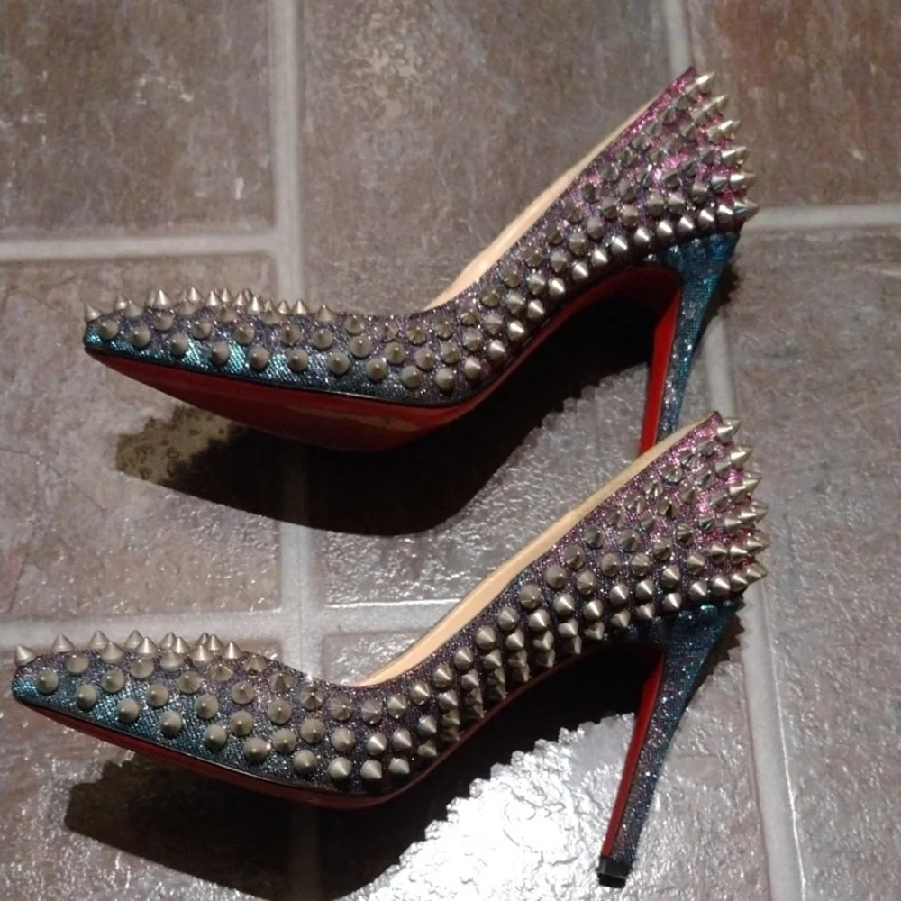Christian Louboutin Metallic iridescent Studded Studs Pigalle Pump Heel Size 35 - Picture 4 of 12